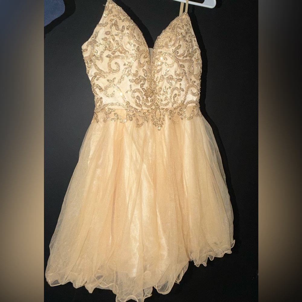 May Queen Gold Embroidered Prom Dress, Could be used for Quinceañeras.